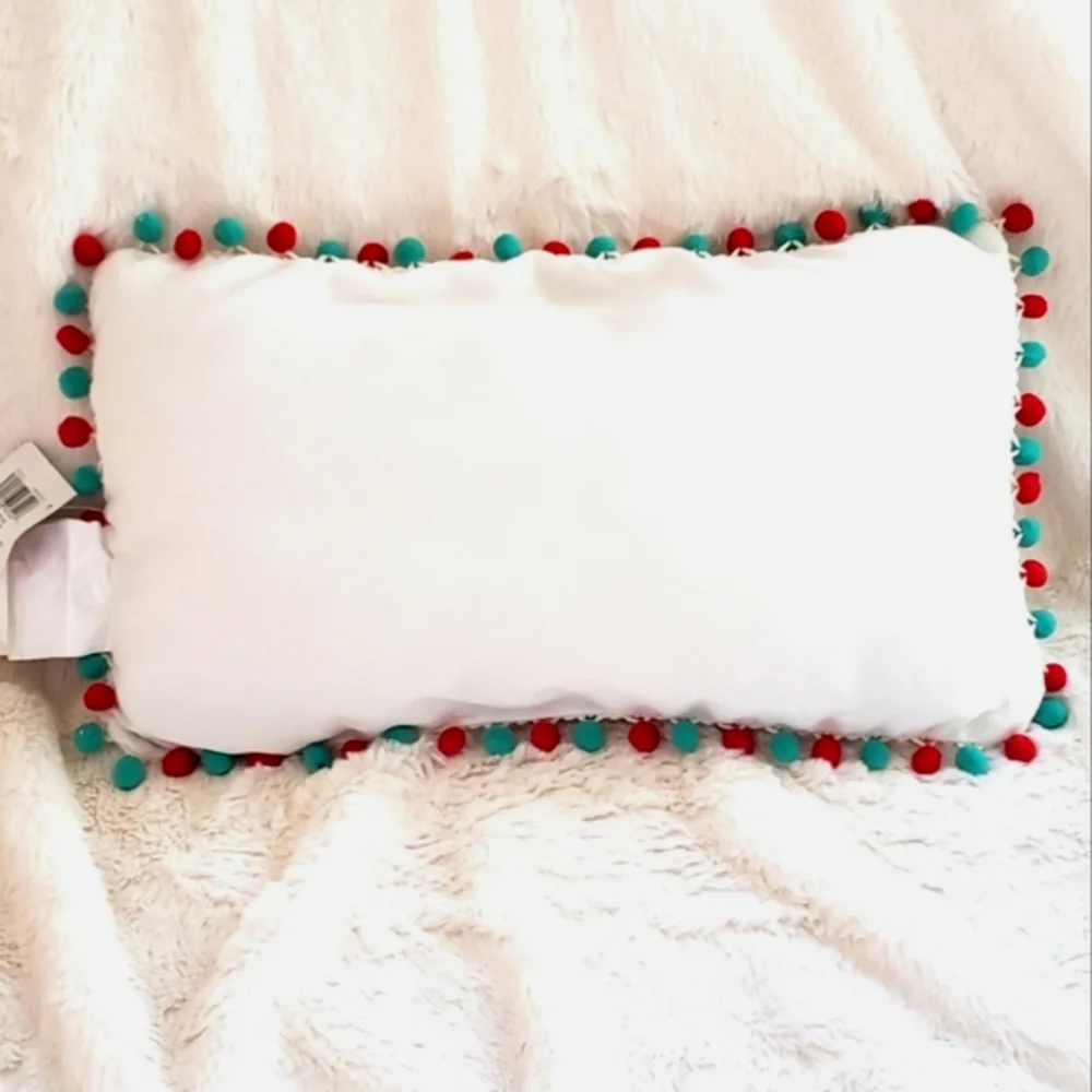 Holiday Pillow Embroidered with Presents phrase and Pom Pom Trim NWT